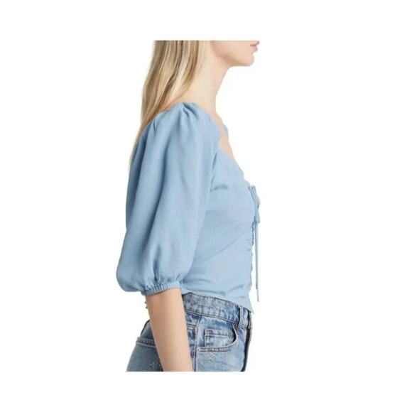 Open Edit Puff Sleeve Ruched Crop Top in Chambray Blue - Picture 3 of 8